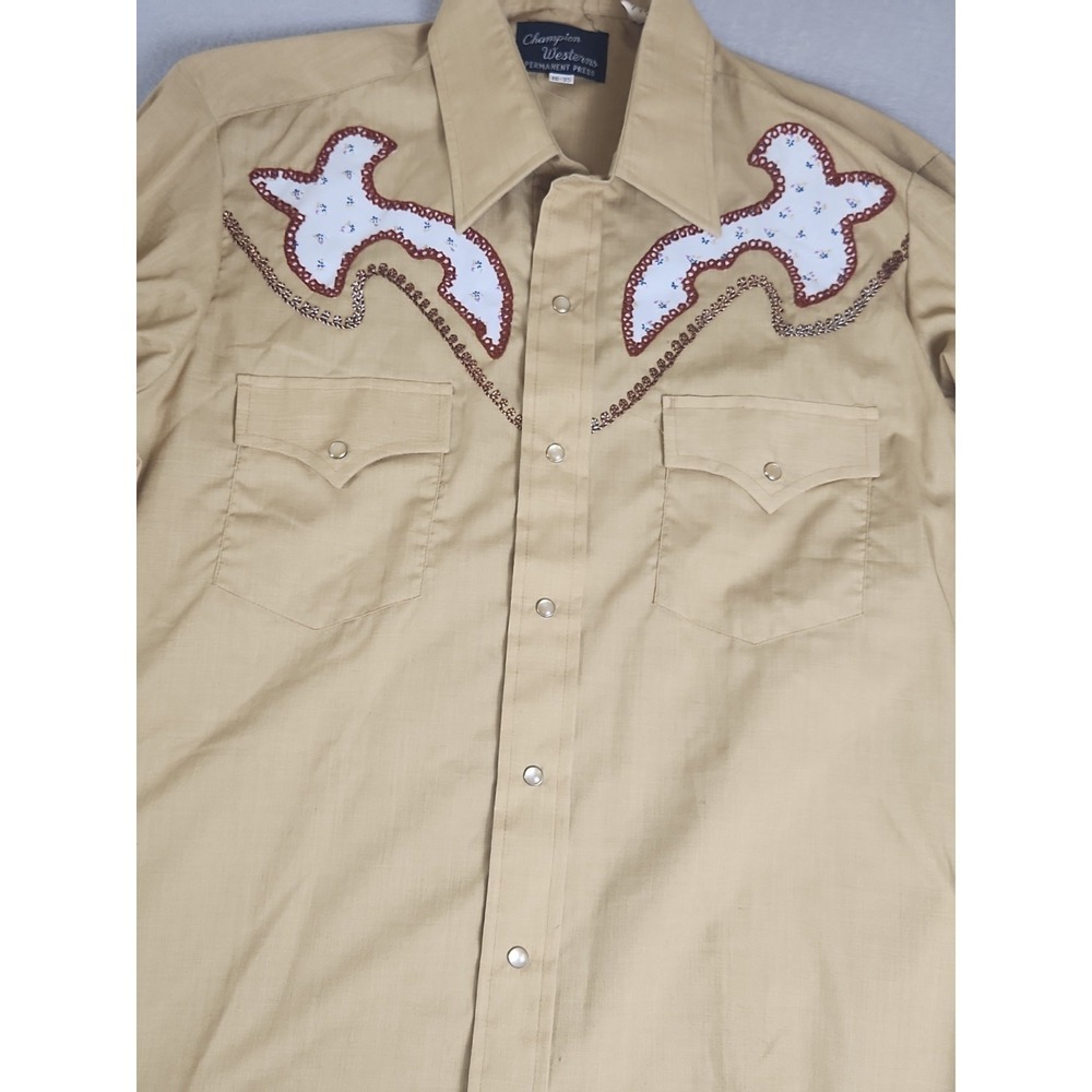 Vintage Champion Westerns Sz 16-35 Permanent Press Shirt Pearl Snap Button Tan - Picture 2 of 12